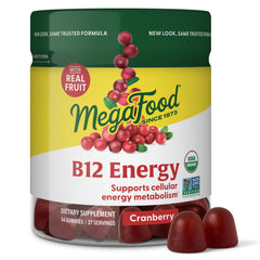 Front of MegaFood B12 Energy Gummies bottle with Cranberry flavor