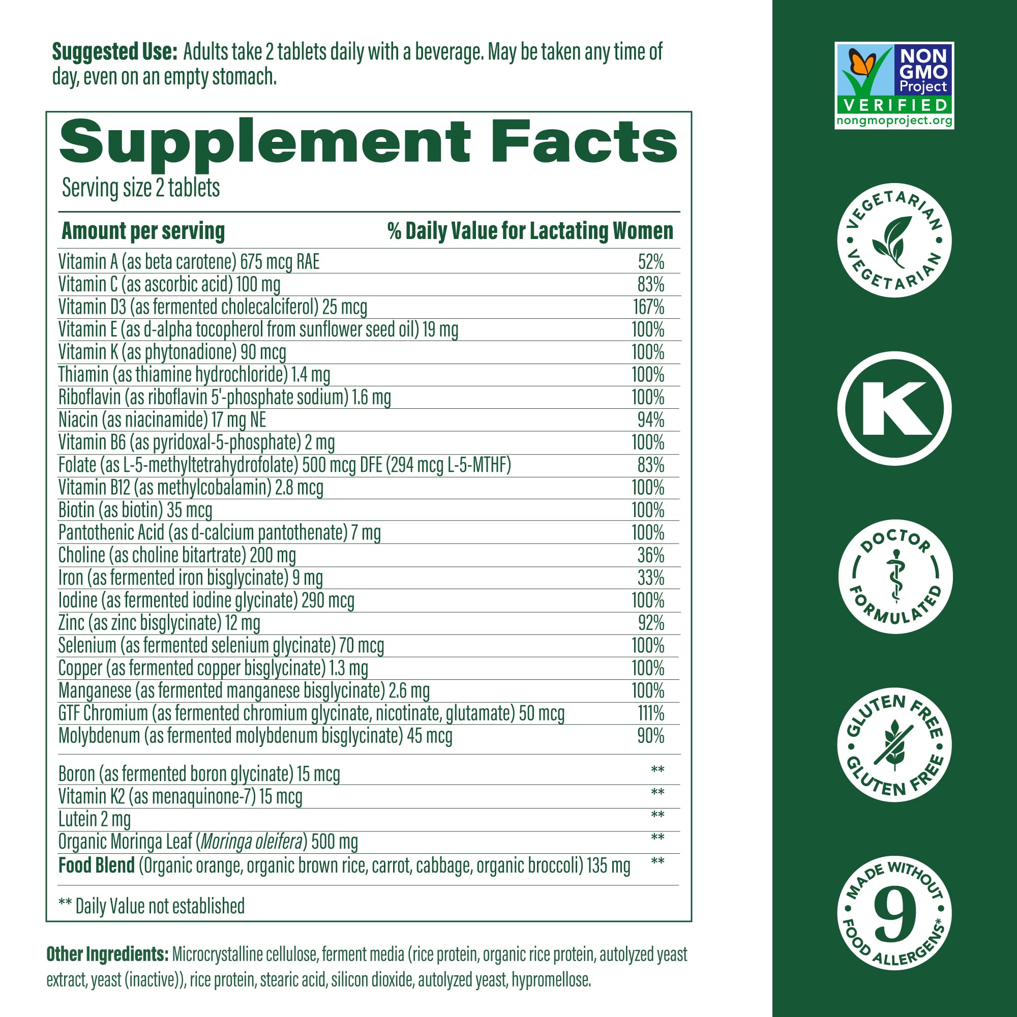 Bottle label highlighting folate, choline, iodine and vitamin D3
