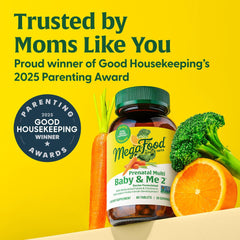 Close-up of MegaFood Baby & Me 2 prenatal bottle highlighting brain-support nutrients
