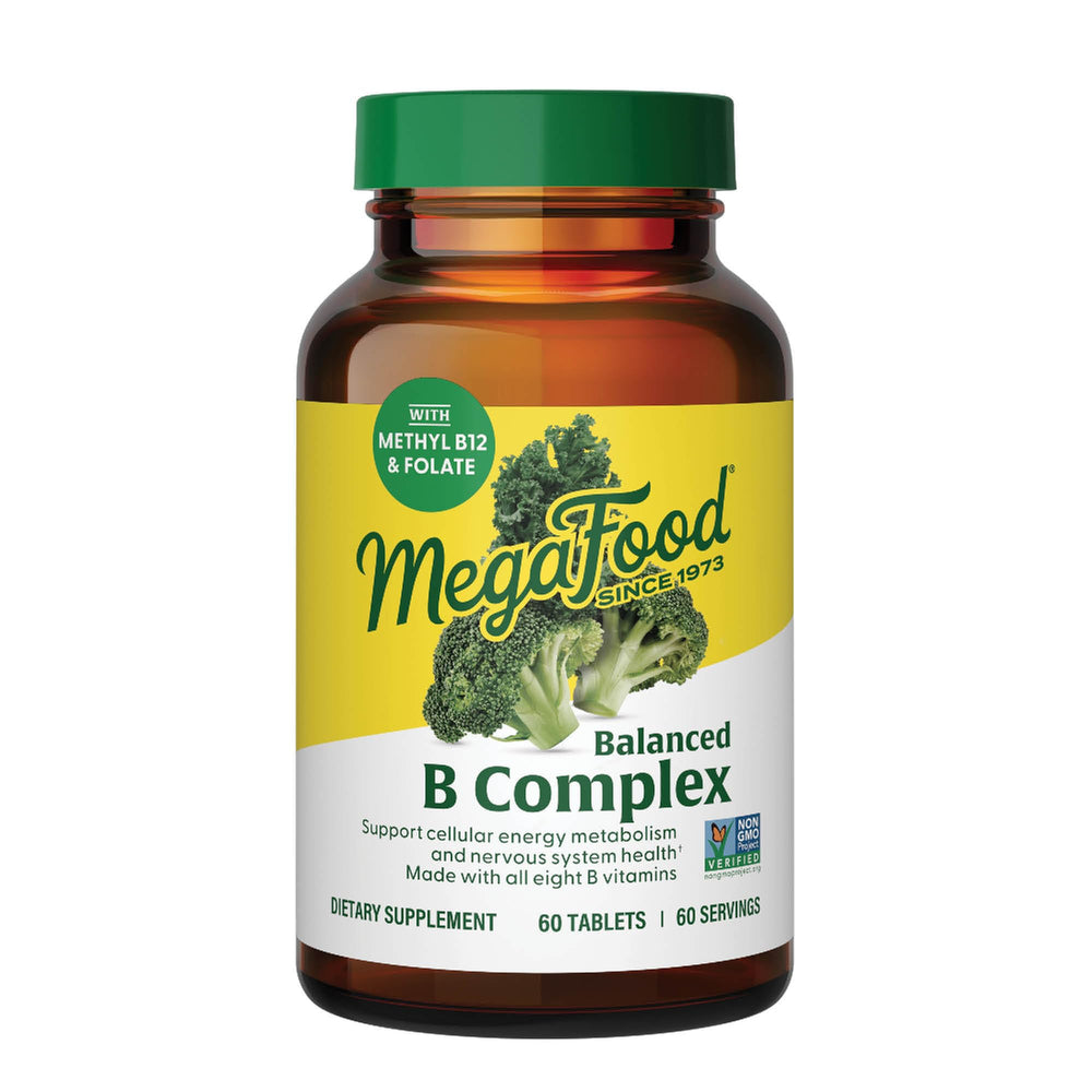 Front label of MegaFood Balanced B Complex showing 8 B vitamins