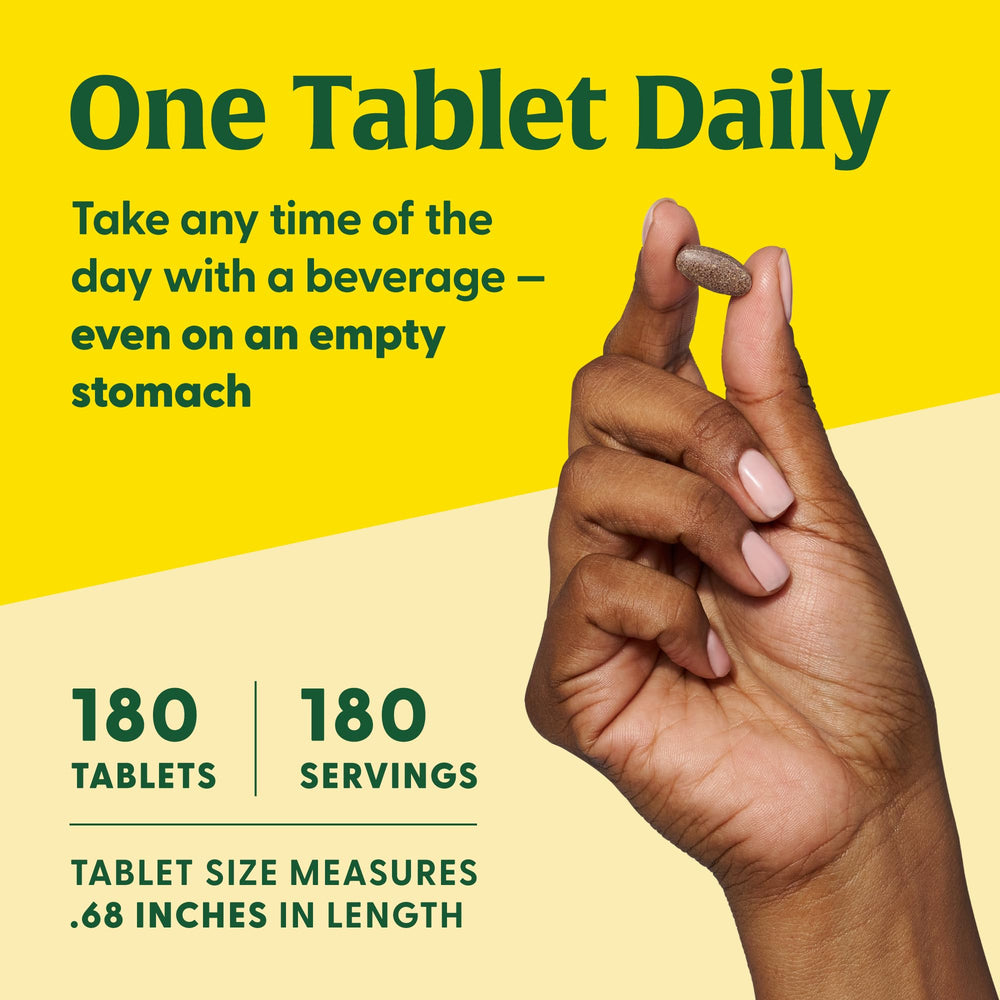 Packaging showing 180 tablets and gentle iron formula