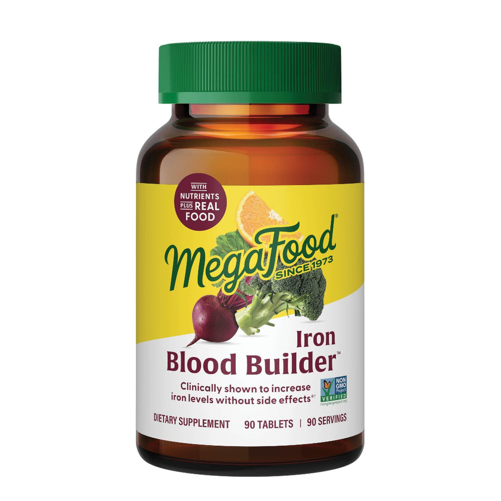 MegaFood Blood Builder bottle front showing a vegan iron option for energy
