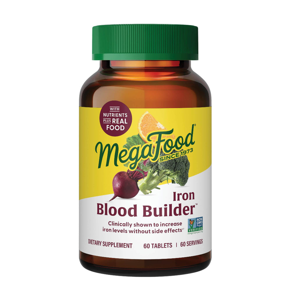 MegaFood Blood Builder bottle on counter for daily iron support.