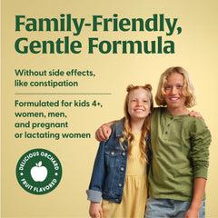 Family-friendly iron supplement for kids ages 4+ and adults, including pregnant or lactating women
