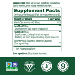 Back panel of MegaFood turmeric booster packaging with details