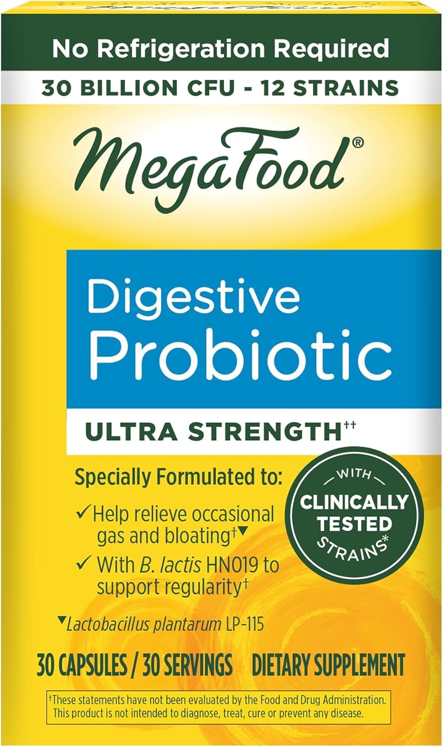 Bottle of MegaFood Digestive Probiotic showing 12 strains and 30 capsules