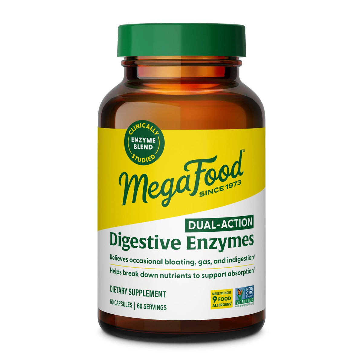 Bottle of MegaFood Dual-Action Digestive Enzymes