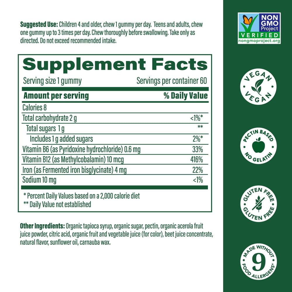 Nutrition facts panel for MegaFood Iron Energy Gummies