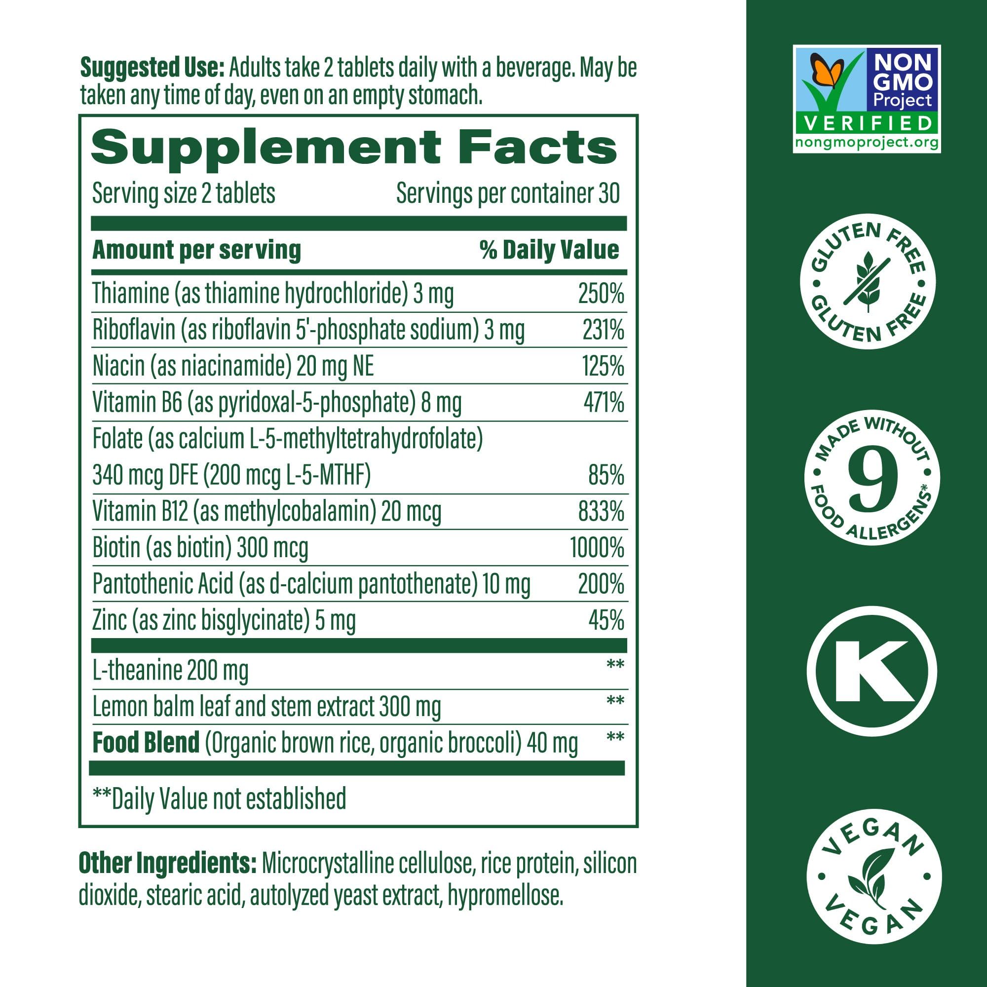 Infographic showing L-Theanine 200 mg with eight B vitamins