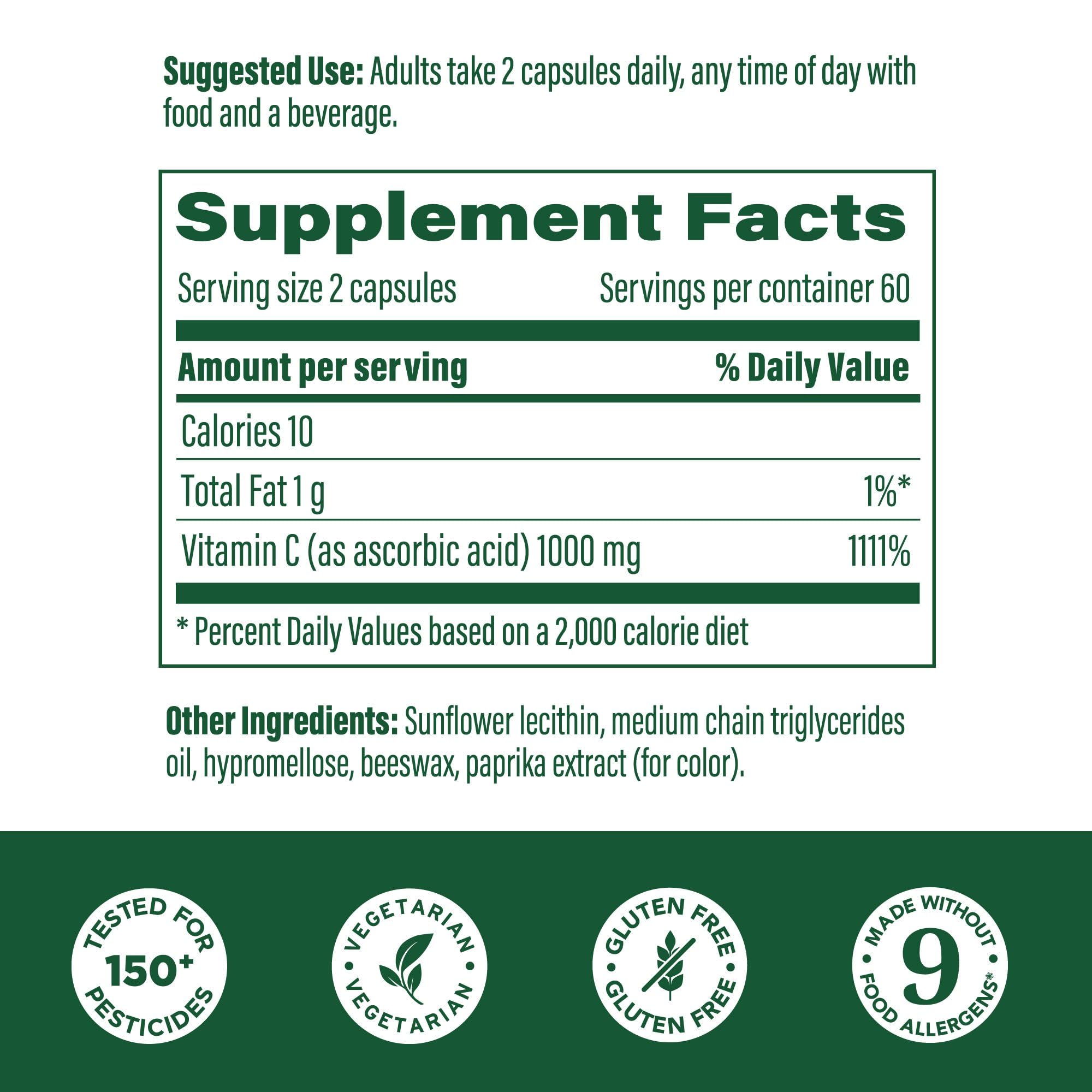 Back label view of MegaFood Liposomal Vitamin C bottle showing ingredients and nutrition