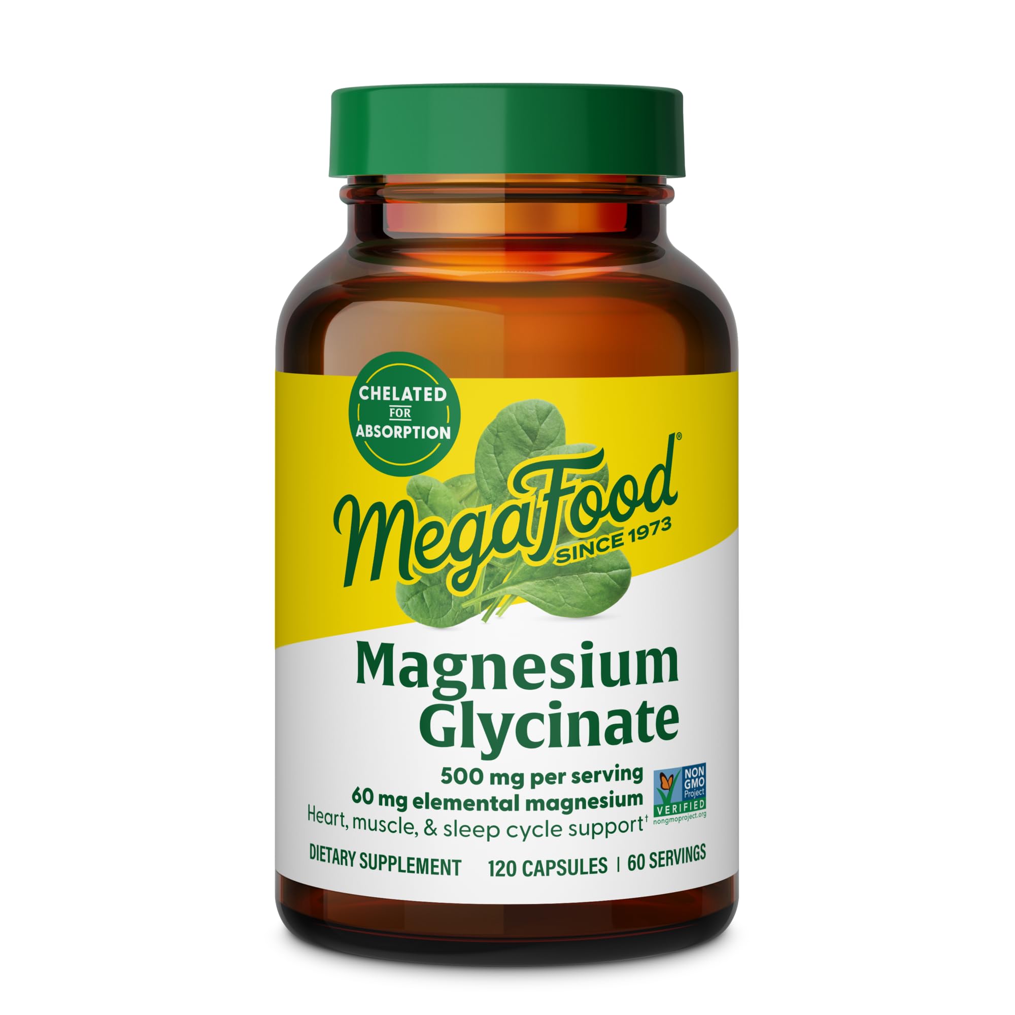MegaFood Magnesium Glycinate 500mg bottle with 120 capsules, 60 servings
