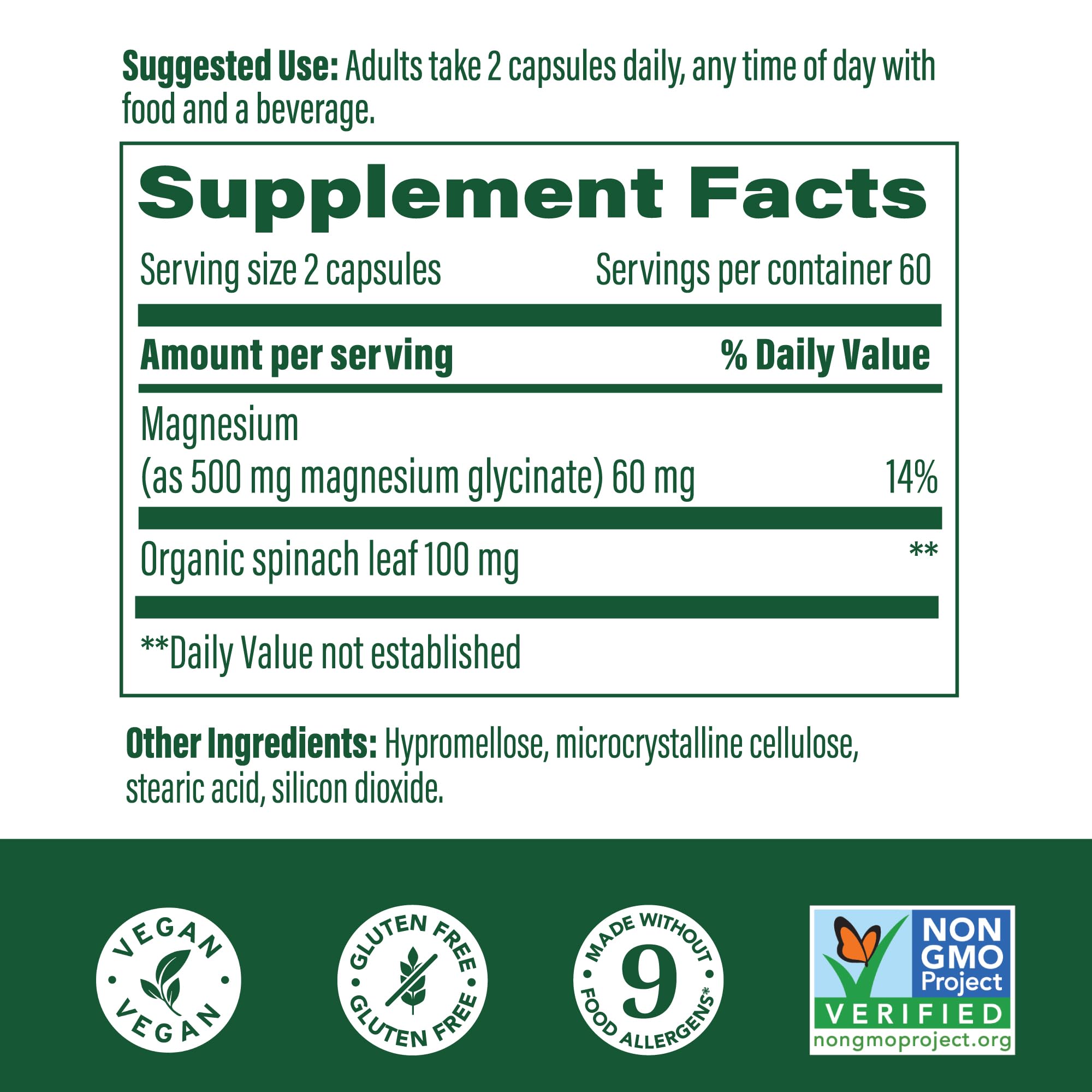 Close-up view of MegaFood Magnesium Glycinate 500mg bottle label