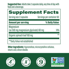 Close-up view of MegaFood Magnesium Glycinate 500mg bottle label