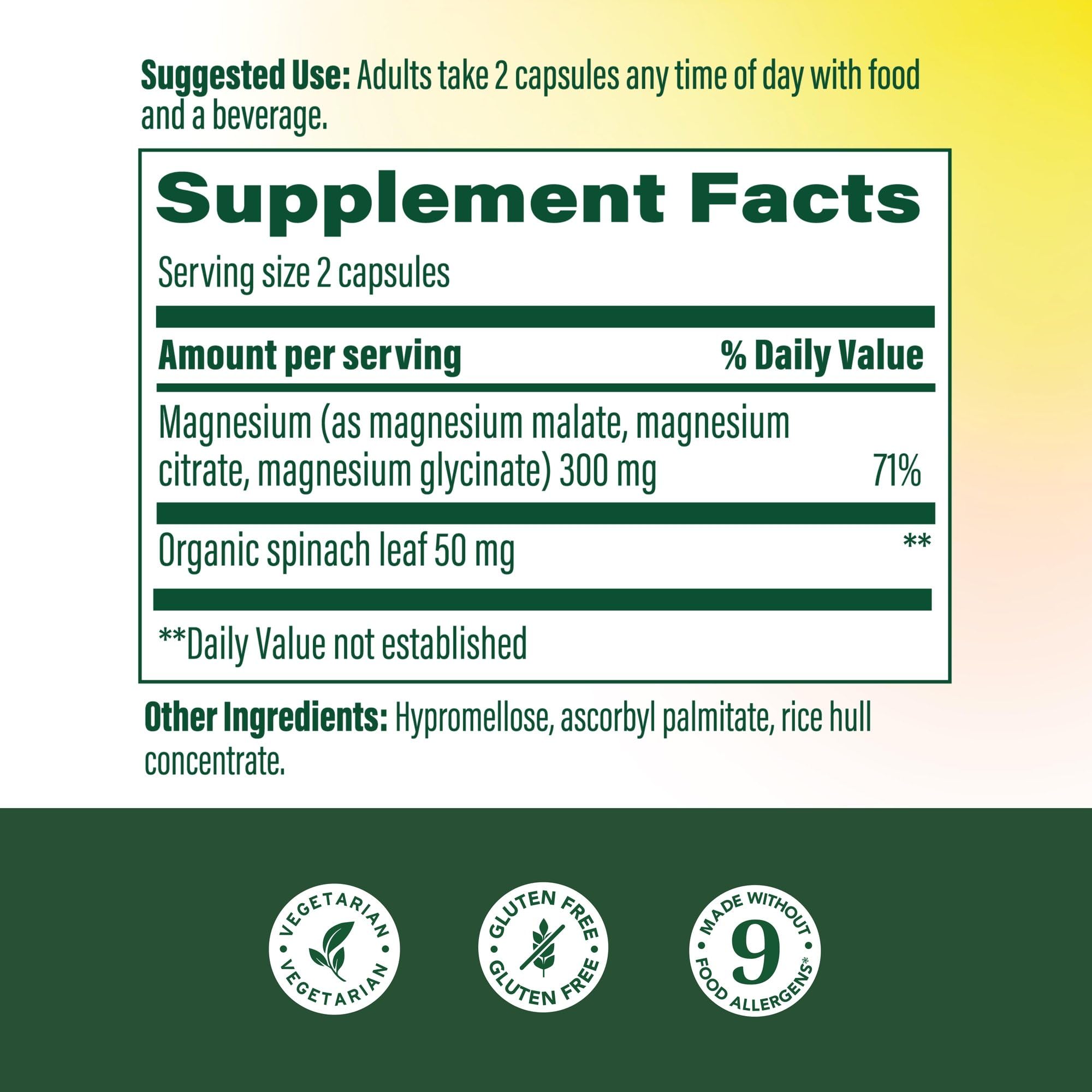 MegaFood magnesium bottle back shows ingredient blend details for transparency.