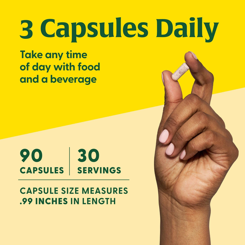 Serving guide showing three capsules per serving