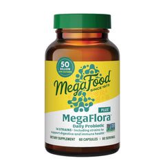MegaFood MegaFlora Probiotic Plus bottle label showing 50B CFU and 14 strains