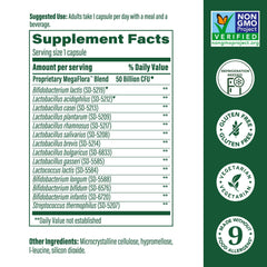 Graphic highlighting 14 probiotic strains in MegaFood MegaFlora Probiotic Plus
