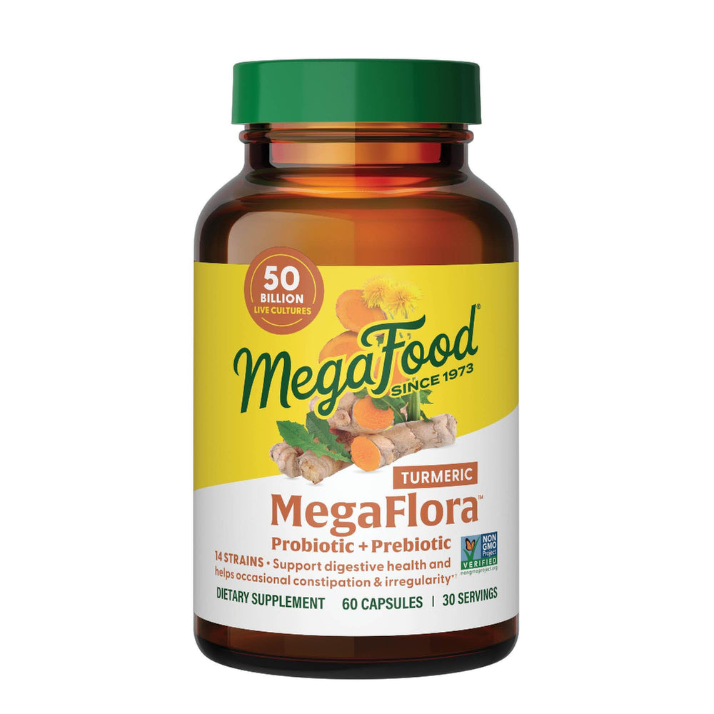 MegaFood MegaFlora Probiotics + Prebiotics Turmeric bottle with 60 capsules