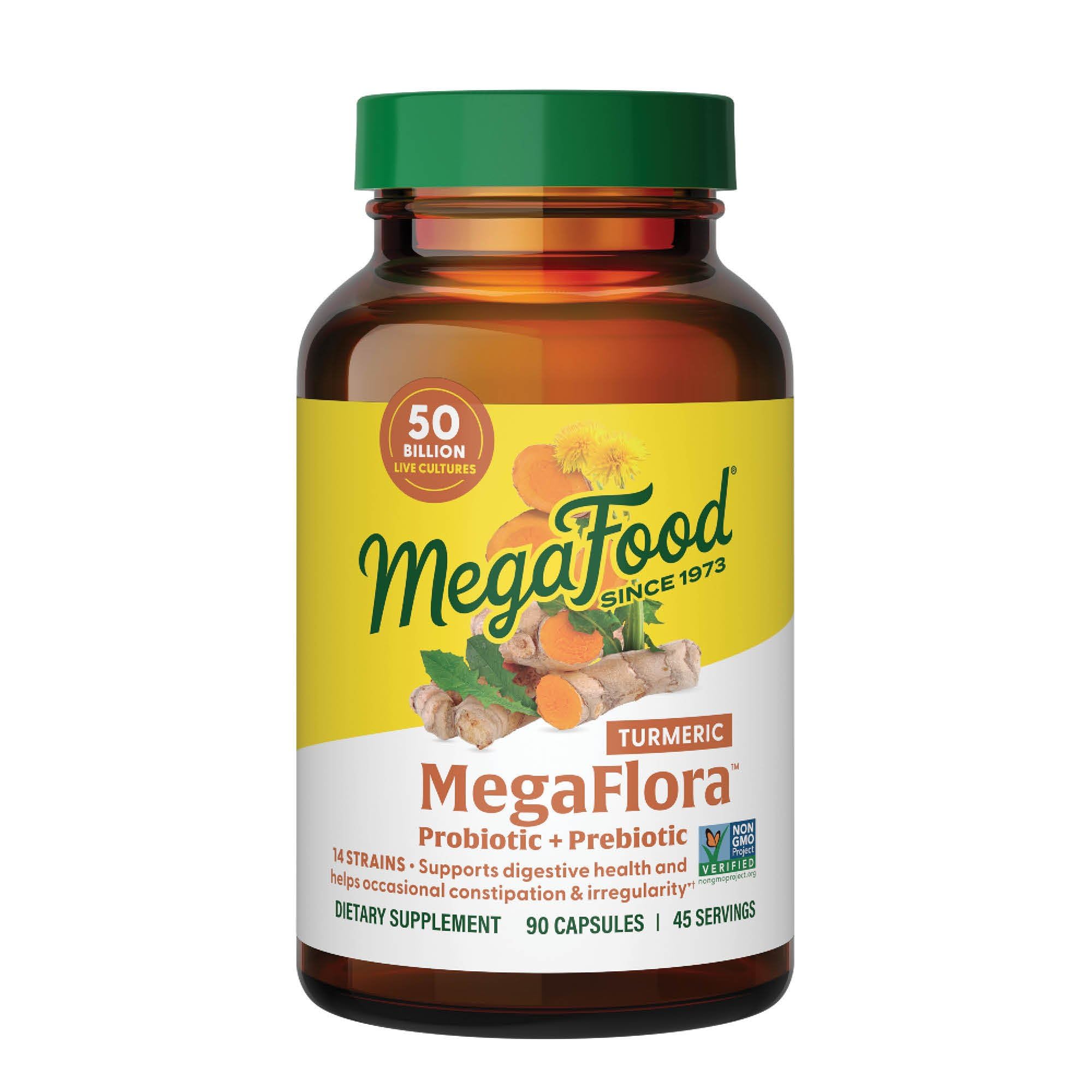 Bottle of MegaFood MegaFlora Probiotics + Prebiotics Turmeric – 90 capsules