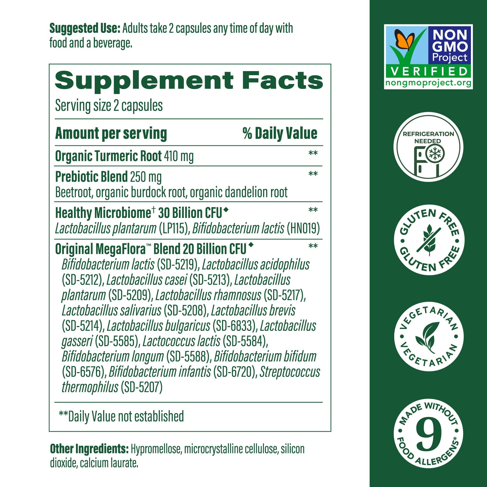 Turmeric root and probiotic ingredients representing MegaFlora formula