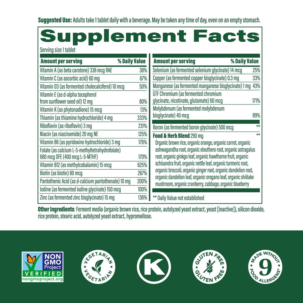 Back label of MegaFood Men's 40+ bottle with ingredients and directions