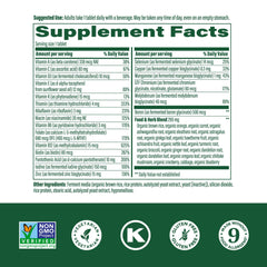 Back label of MegaFood Men's 40+ bottle with ingredients and directions