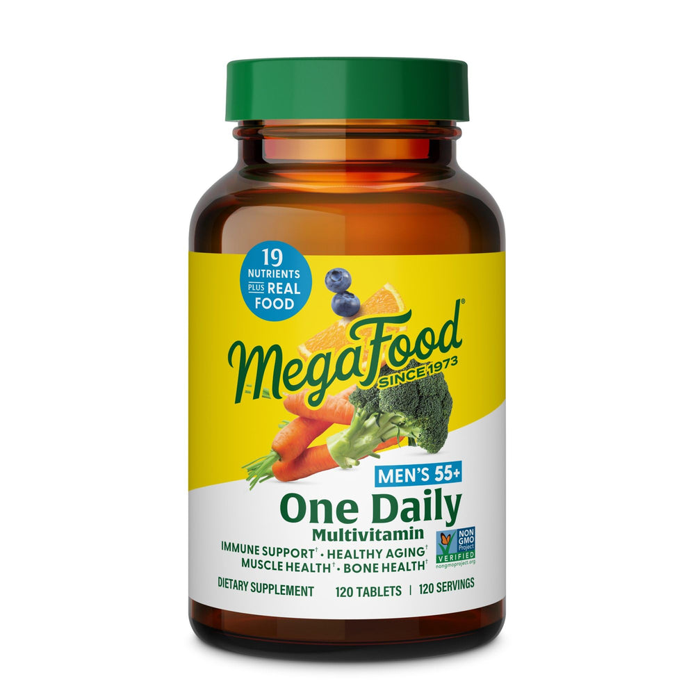 Front view of MegaFood Men's 55+ One Daily Multivitamin bottle