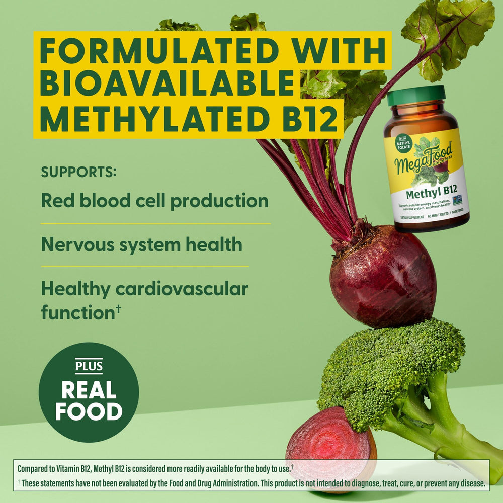 Ingredients including beetroot, brown rice and broccoli for MegaFood Methyl B12