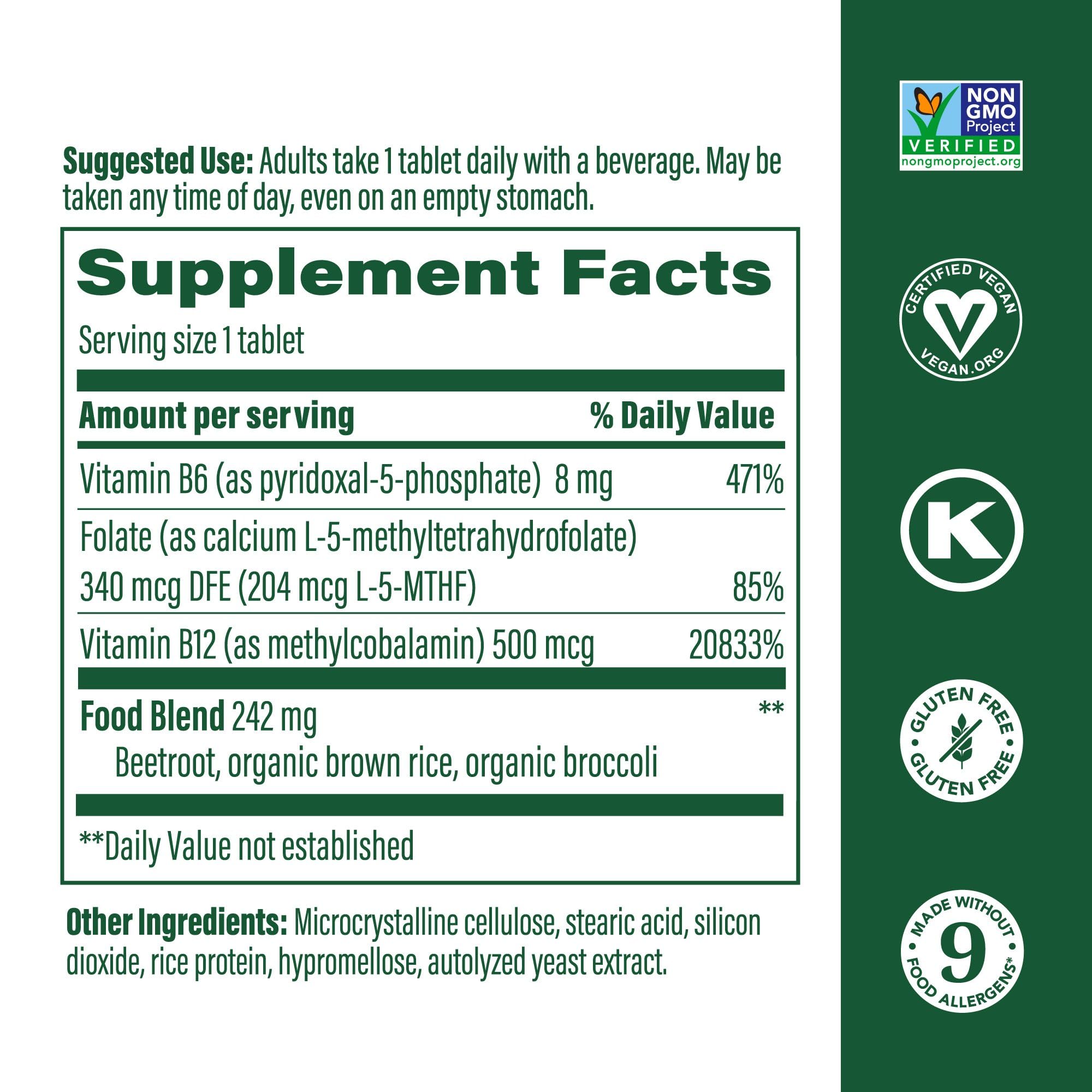 Vitamin B12 with methyl folate and vitamin B6 supplement label