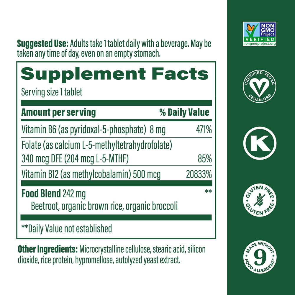 Vitamin B12 with methyl folate and vitamin B6 supplement label