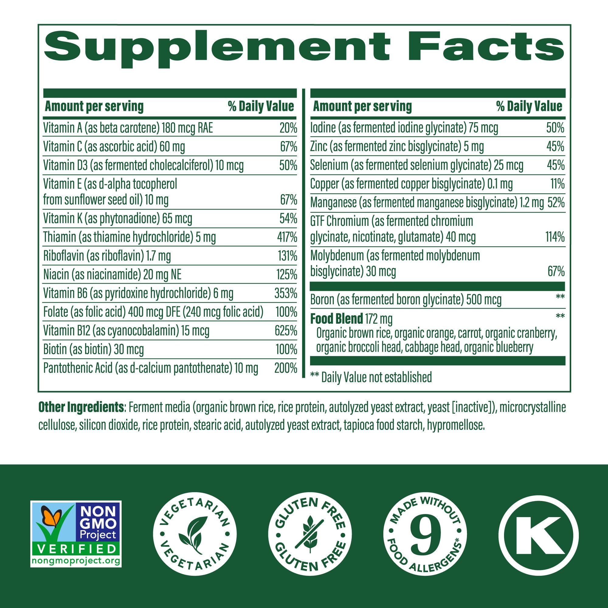Label showing ingredients and features of MegaFood Iron Free Multivitamin