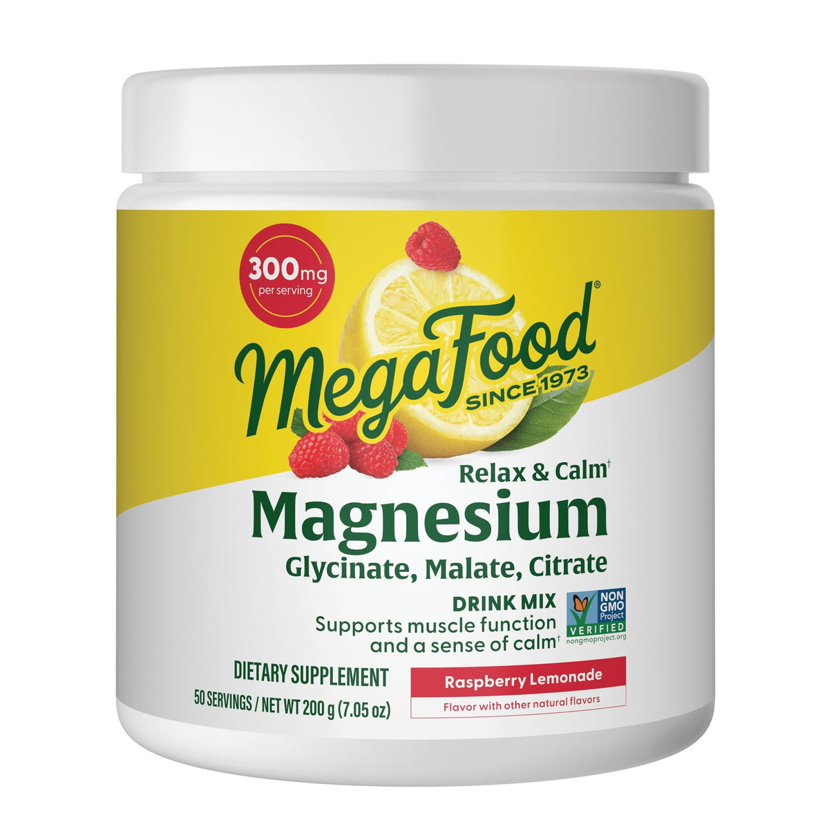Front label of MegaFood Relax & Calm Magnesium Powder Raspberry Lemonade 7.05 oz