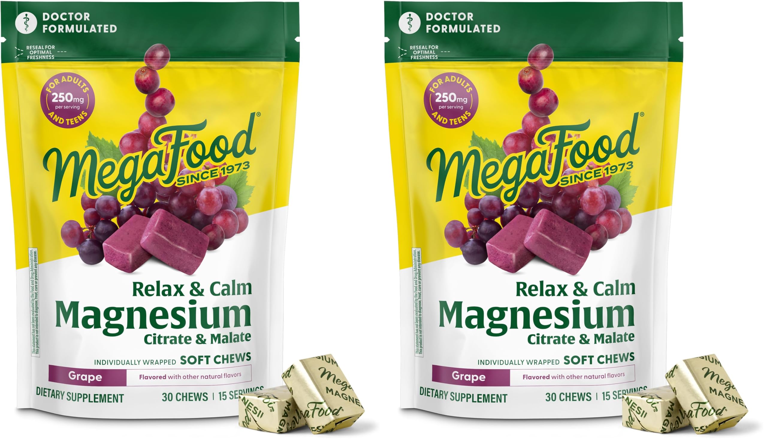 Front view of MegaFood Relax + Calm Magnesium grape soft chews in a two-pack