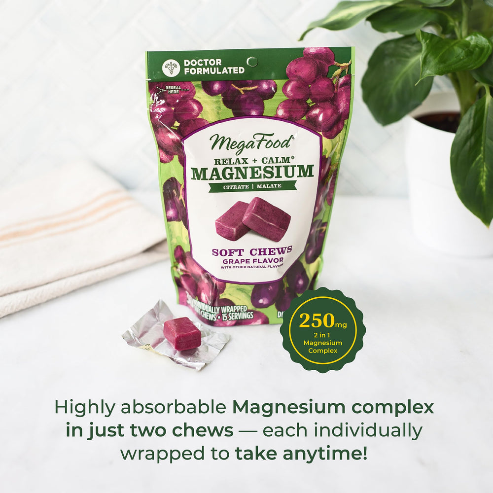 Close-up of grape-flavored magnesium soft chews