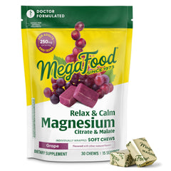 Front view of MegaFood Relax + Calm Magnesium Soft Chews in grape flavor