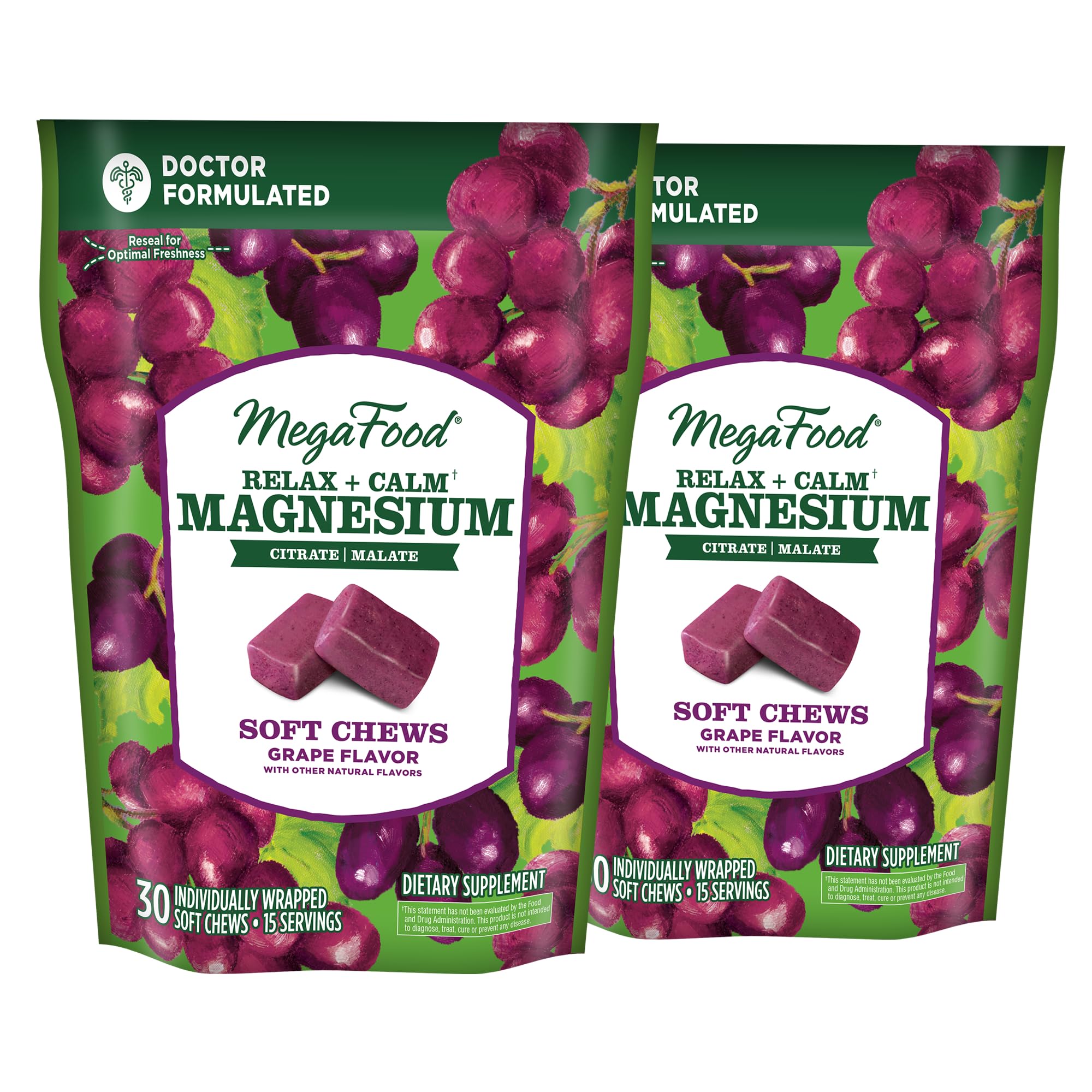 Hero image: MegaFood Relax + Calm Magnesium Soft Chews in grape flavor