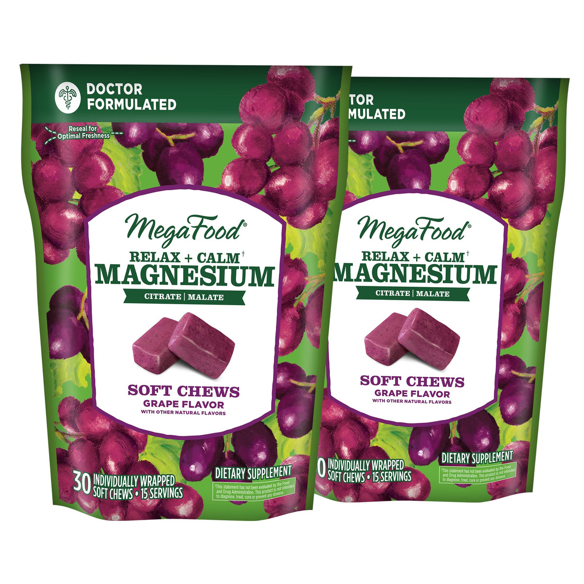 Hero image: MegaFood Relax + Calm Magnesium Soft Chews in grape flavor