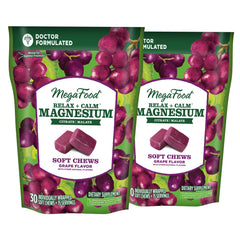 Hero image: MegaFood Relax + Calm Magnesium Soft Chews in grape flavor
