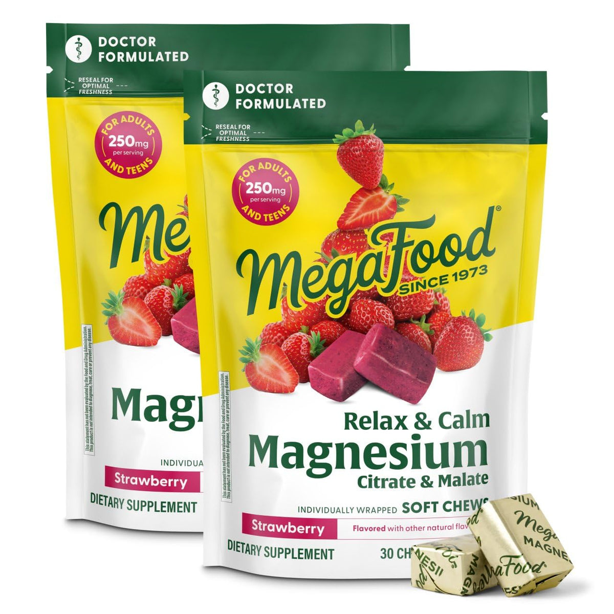 Front of MegaFood Relax + Calm Magnesium Soft Chews Strawberry packaging