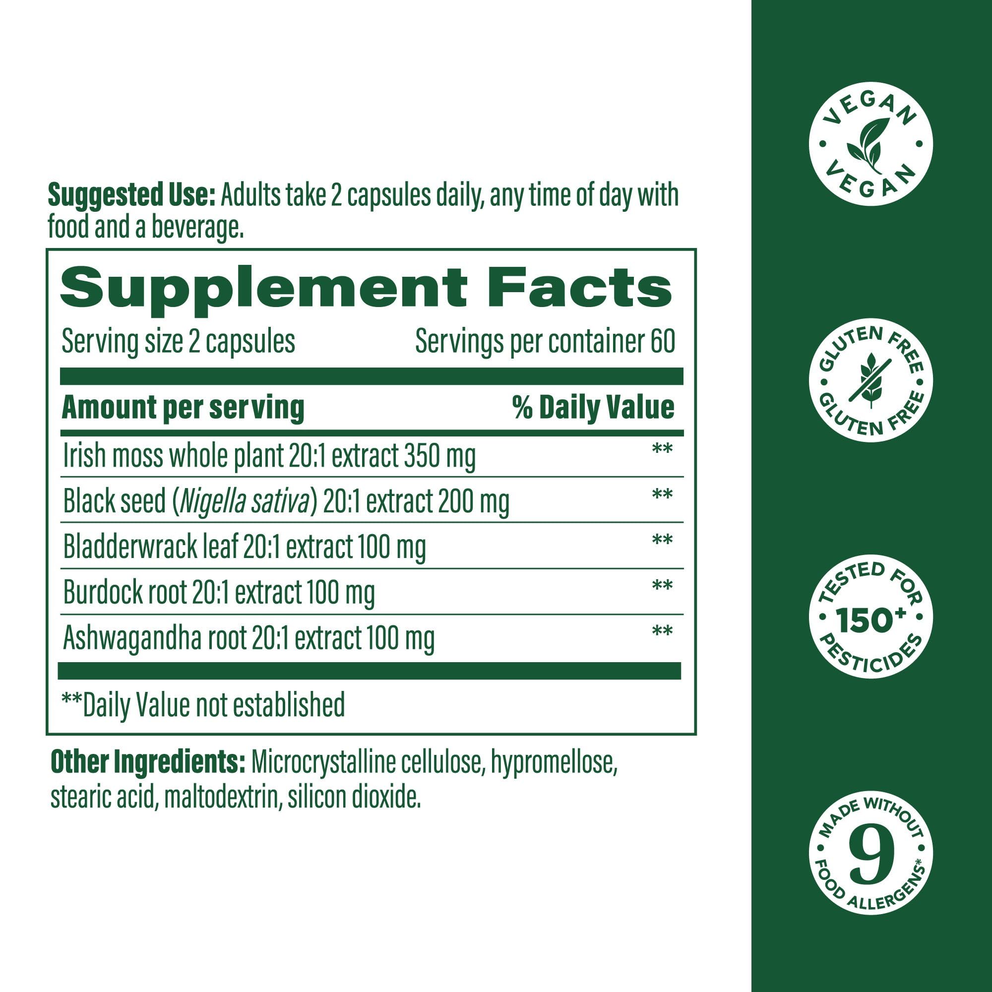 Detailed ingredient highlights showing 7000mg Irish Sea Moss per serving