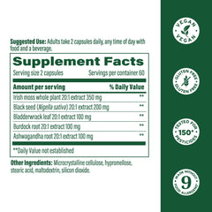 Detailed ingredient highlights showing 7000mg Irish Sea Moss per serving