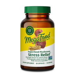 MegaFood stress relief bottle featuring Reishi and Ashwagandha