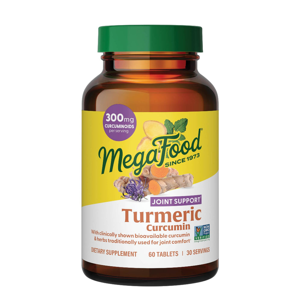 Front view of MegaFood Turmeric Curcumin Extra Strength joint support supplement bottle