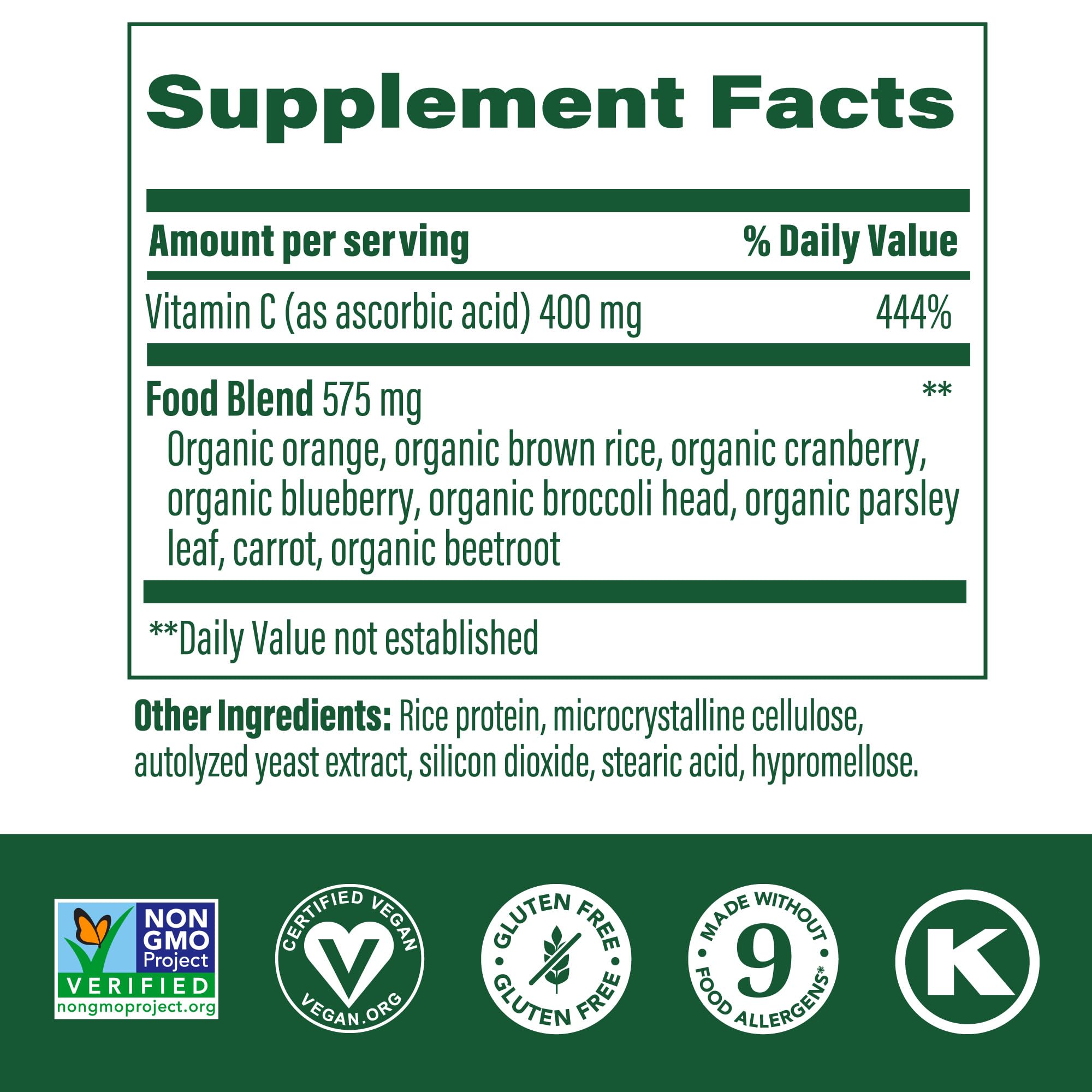 Back label of MegaFood Ultra C 400 mg showing supplement facts