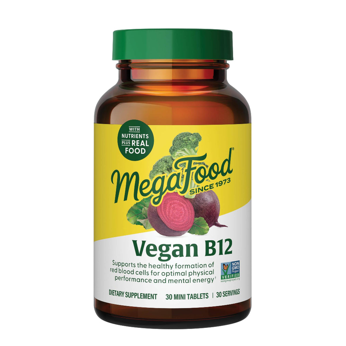 Front view of MegaFood Vegan B12 Vitamin with B6 and Folic Acid bottle