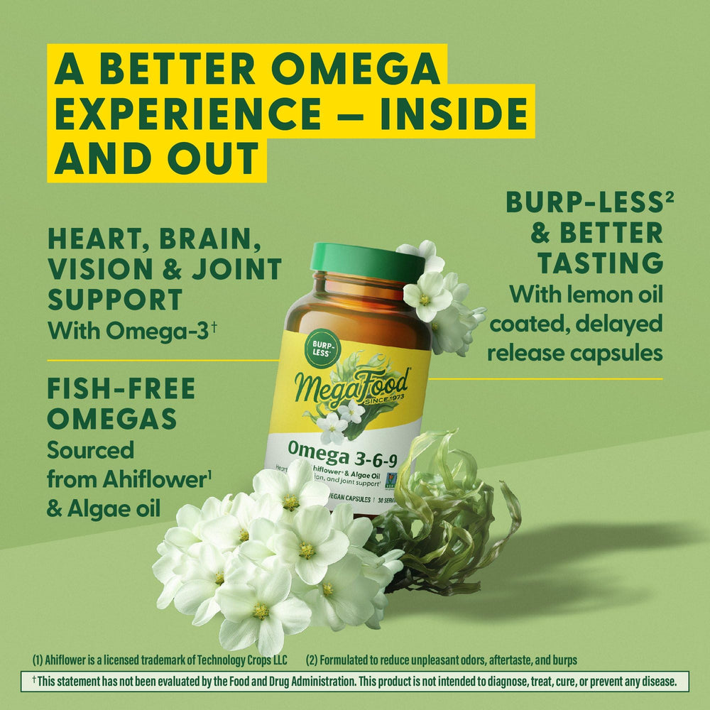 Graphic showing algae oil and Ahiflower as omega-3 sources