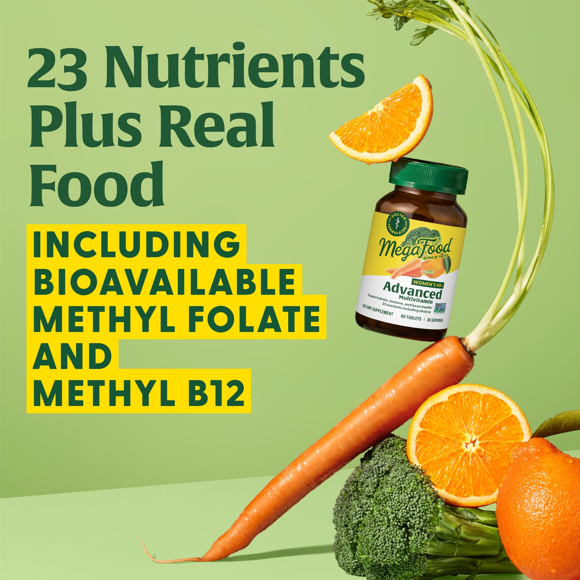 Real food ingredients including broccoli, oranges and carrots