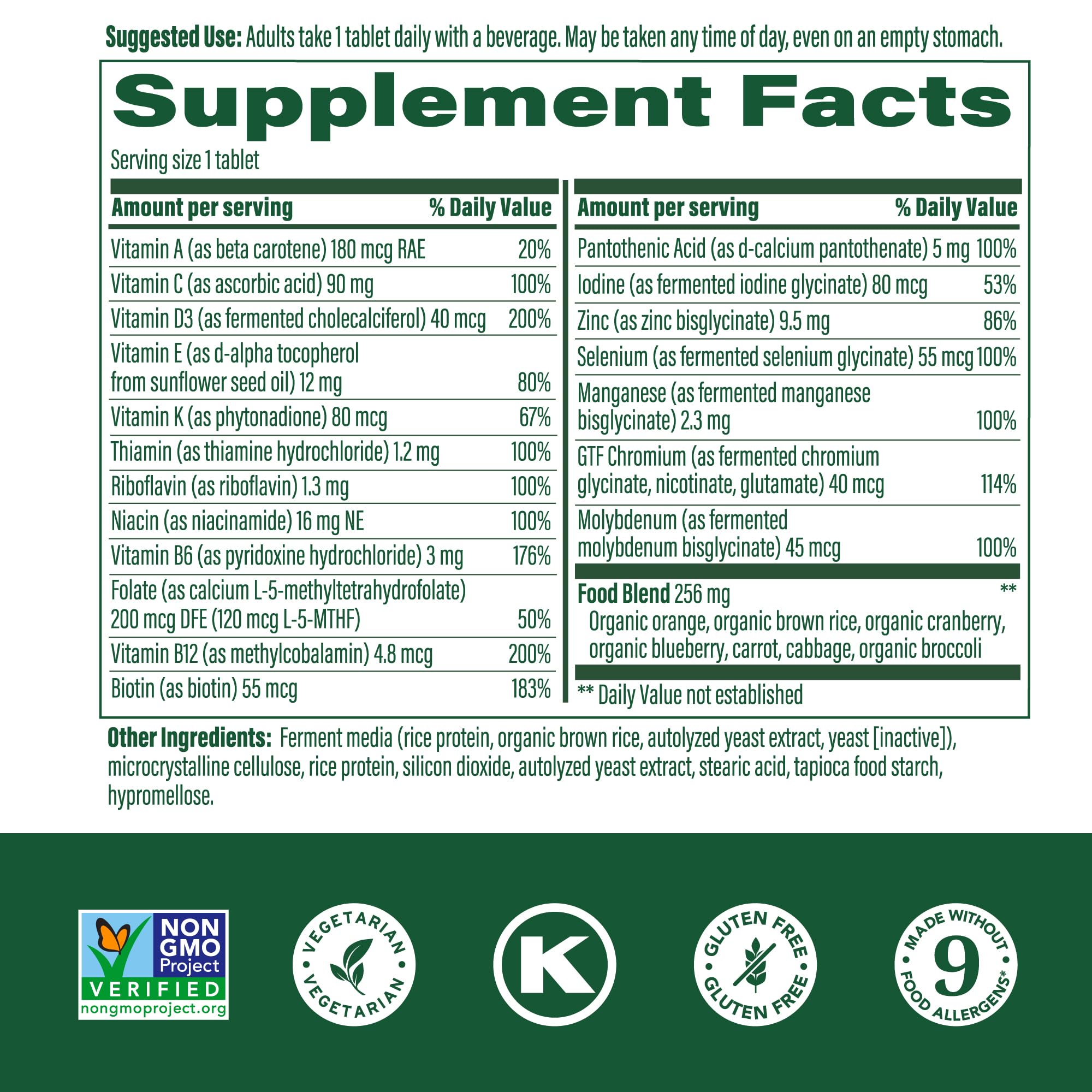 Back nutrition panel on MegaFood Women's 55+ multivitamin bottle