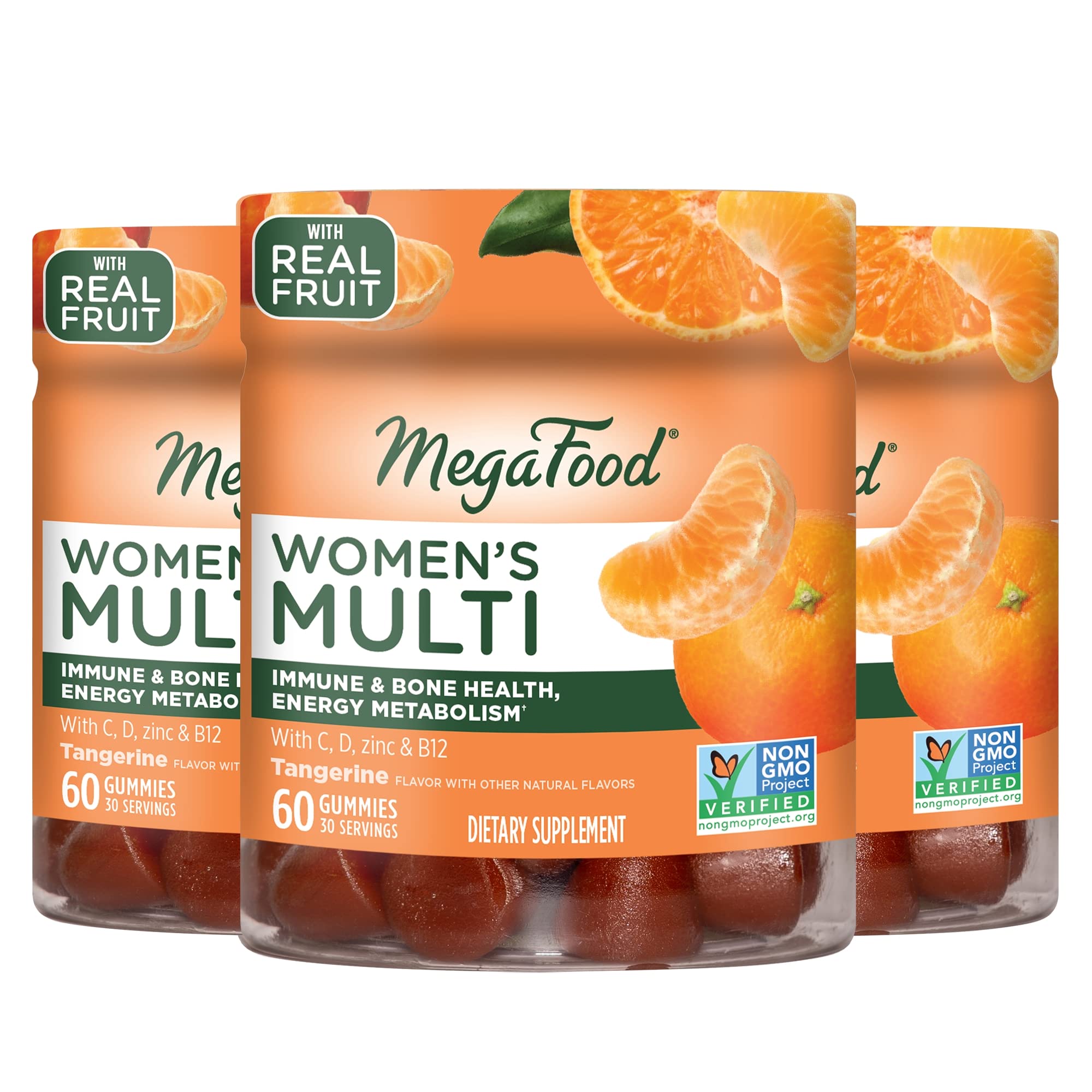 Front view of MegaFood Women's Multi Gummies Tangerine flavor bottle
