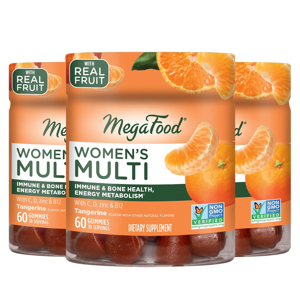 Front view of MegaFood Women's Multi Gummies Tangerine flavor bottle